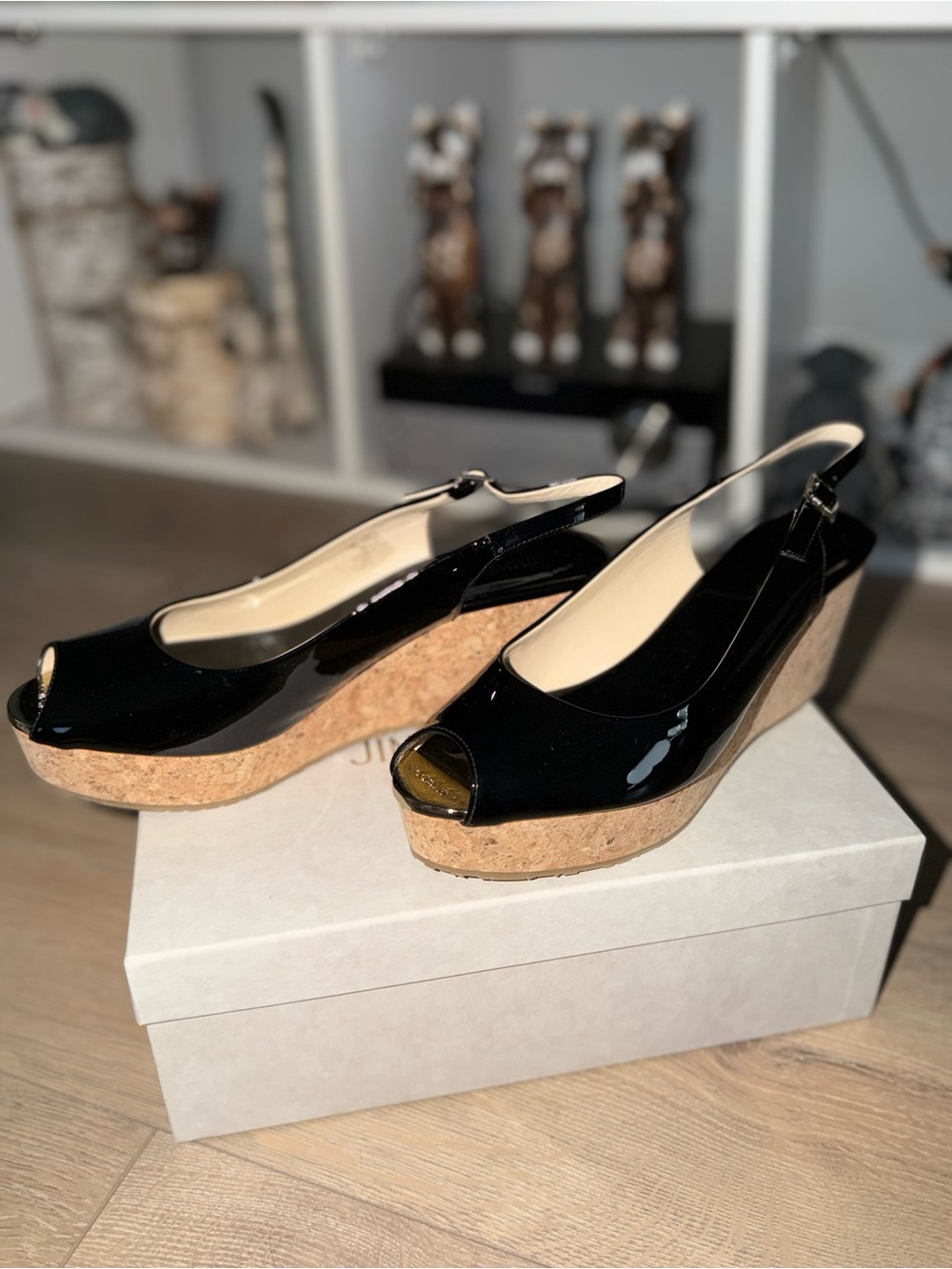 Jimmy Choo Black Patent Cork Wedge Peep-Toe Slingbacks